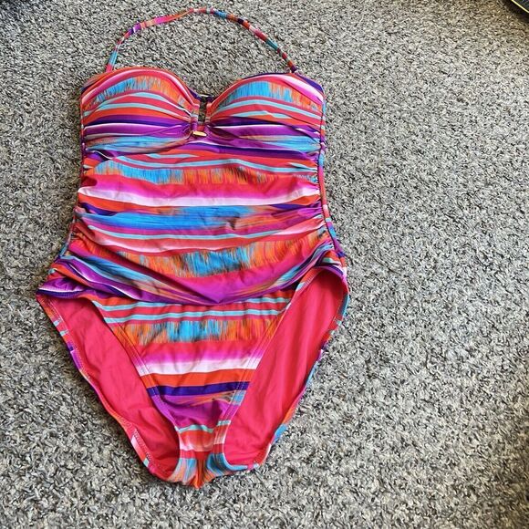 LA BLANCA One Piece Swimsuit Size 6 Colorful Stripes Halter Sweetheart Neck - Picture 1 of 5
